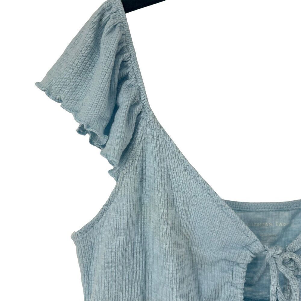 American Eagle Ribbed Crop Top Blue Flutter Sleeves Size XL Keyhole Tie Chest - Picture 2 of 6